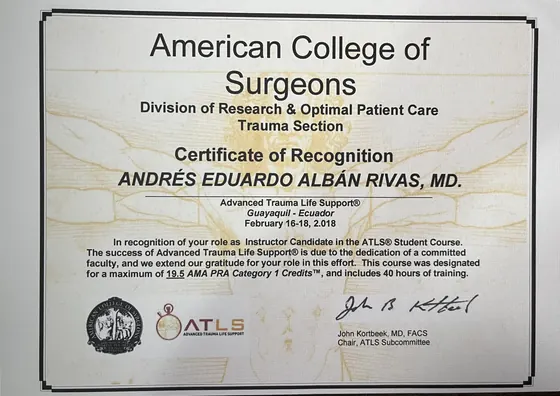 Diploma: ATLS® – Advanced Trauma Life Support, American College of Surgeons