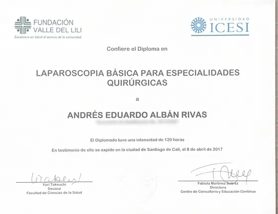 Diploma: Diplomado en Laparoscopía Básica para Especialidades Quirúrgicas, Fundación Valle del Lili y Universidad ICESI
