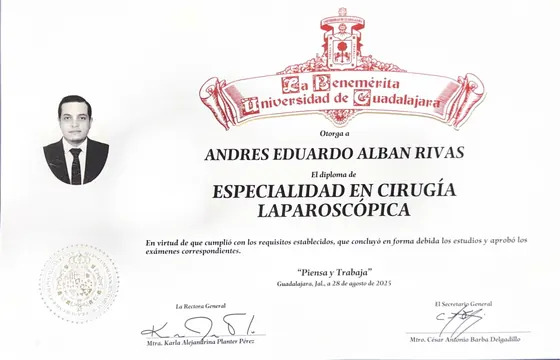 Diploma: Subespecialidad en Cirugía Laparoscópica Avanzada, Universidad de Guadalajara – Hospital Civil Nuevo 